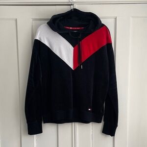 Tommy Hilfiger Sport Vintage Y2K Black Red & White Velour Hoodie Sweater Medium